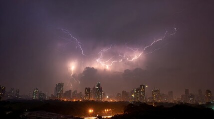 Dramatic Lightning Illuminates City Skyline During Heavy Downpour at Night