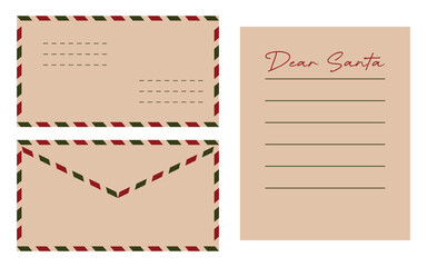 Christmas letter to Santa template set with envelope and writing page. Vintage holiday stationery design with beige paper, red and green border. Perfect for kids' festive wishes and messages