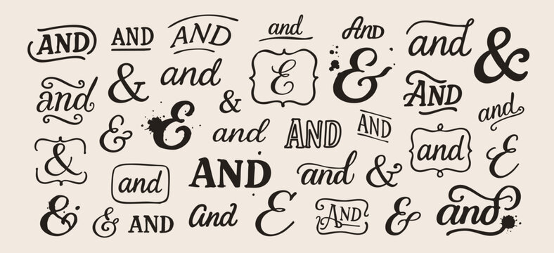 Ampersand symbols, and words set. Various shapes, fonts, styles, textures. Different frames. Hand dawn Vector illustration. Isolated design elements. Wedding invitation, poster, card templates