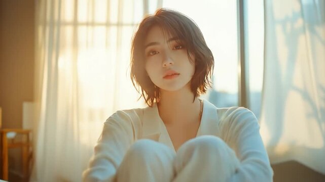Serene young woman in soft white attire on a rumpled bed, bathed in gentle sunlight