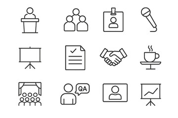 Badge conference break icon coffee name hall video screen vector set