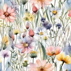 Delicate Watercolor Wildflowers Seamless Pattern Soft Pastel Blooms Botanical Garden Illustration Light Background Floral Textile Design