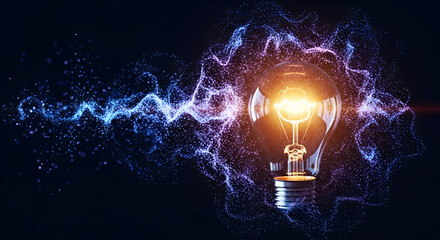 Bright glowing lightbulb symbol of invention and innovative concept on a dark background