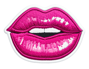 Obraz premium Embroidered patch depicting vibrant, glossy pink lips with white borders and a black mouth space