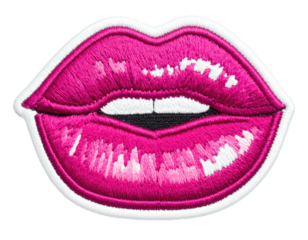 Embroidered patch depicting vibrant, glossy pink lips with white borders and a black mouth space