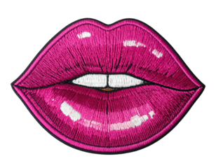 A vibrant, embroidered patch showcasing a bold, glossy magenta-pink pair of lips on black