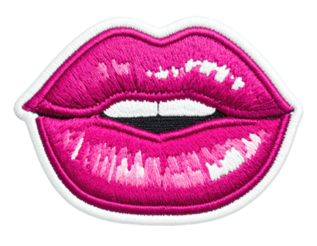 Embroidered patch depicting vibrant, glossy pink lips with white borders and a black mouth space - Powered by Adobe