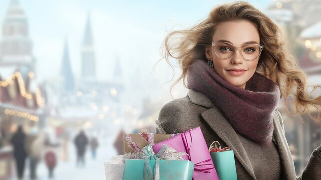 A woman in a winter coat and scarf, holding several shopping bags filled with holiday gifts, walking through a snowy outdoor market with festive lights and decorated stalls