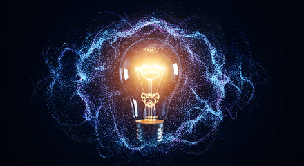 Bright innovation concept: glowing glass lightbulb symbol on a dark background