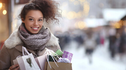 A woman in a winter coat and scarf, holding several shopping bags filled with holiday gifts, walking through a snowy outdoor market with festive lights and decorated stalls