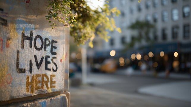 Old city street wall with faded graffiti reading “Hope Lives Here” illuminated by soft afternoon light — concept of urban resilience, optimism, and hidden positivity in forgotten places. cinematic