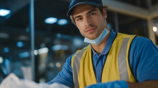 Worker sanitizing medical clinic room using UV sterilization lamp — futuristic and health-focused composition representing advanced disinfection technologies and the role of professional cleaners