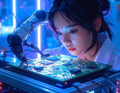 Female engineer focused on robotic arm assembling electronic circuit b