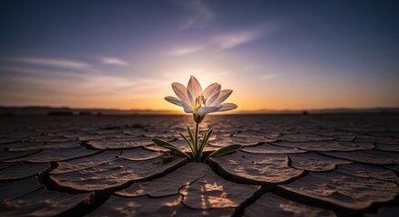 Lone delicate white flower blooming defiantly from cracked dry earth at sunset with dramatic sky
