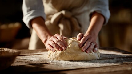 Hands covered in flour while kneading bread dough on a rustic wooden table, flour dust floating in soft morning light — concept of homemade cooking, artisanal baking, slow food culture, comfort