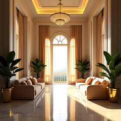 Elegant Luxury Living Room Interior with Golden Chandelier and Sunlight.
