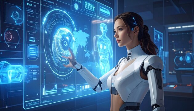 Futuristic woman in robotic suit interacting with holographic display - Powered by Adobe