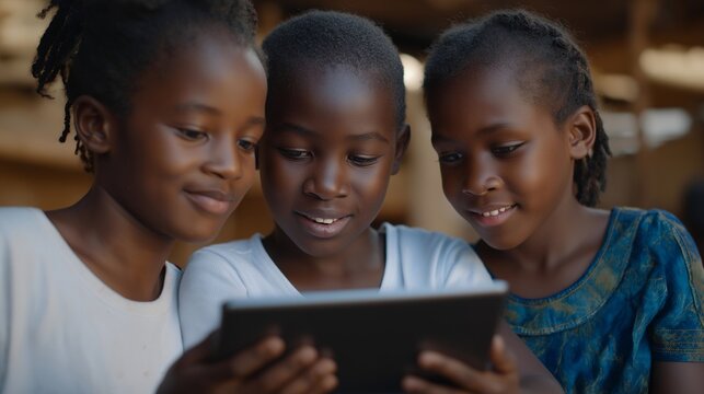 Excited refugee children exploring virtual environments in a digital classroom, representing STEM inclusion, modern education access, and the next generation of empowered global citizens. cinematic