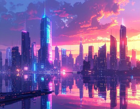 Stunning futuristic city skyline with neon lights at sunset