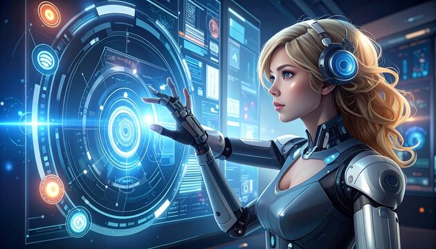 Cyborg woman interacting with a futuristic holographic interface