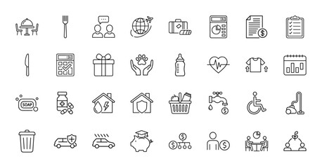 General services line icon set. Vector pictograms of dining, travel, luggage, finance, checklist, wheelchair, education, and transport, thin linear illustration.