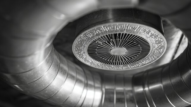 Detailed View of Metal Ventilation Fan Inside Duct System Surrounded by Airflow Ducting for Optimal Air Circulation