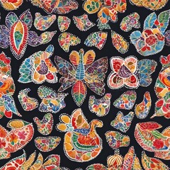Vibrant Abstract Mosaic Art Black Background Bold Colorful Insect Butterfly Bird Shapes Contemporary Design Lively Decorative Patterns
