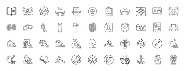 Law and justice line icon set. Vector pictograms of scales, gavel, handcuffs, fingerprints, police badge, and legal documents, thin linear illustration.