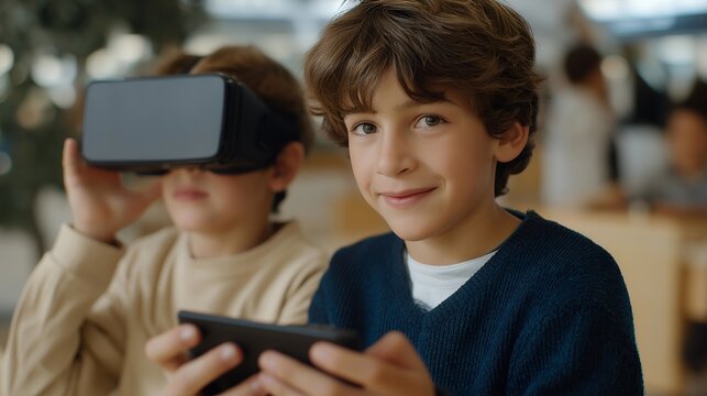 Excited refugee children exploring virtual environments in a digital classroom, representing STEM inclusion, modern education access, and the next generation of empowered global citizens. cinematic - Powered by Adobe