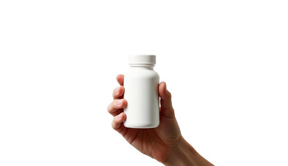 Hand holding white plastic pill bottle isolated on transparent background