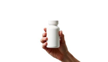 Hand holding white plastic pill bottle isolated on transparent background