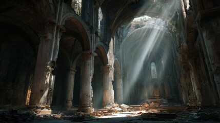 Light Streaming Through Fallen Pillars in Abandoned Cathedral with Majestic Architecture and Serene Atmosphere