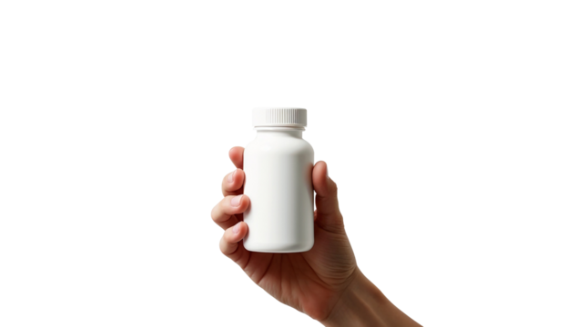 Hand holding white plastic pill bottle isolated on transparent background