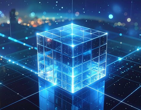 Futuristic glowing cube in a digital landscape with starry backdrop - Powered by Adobe