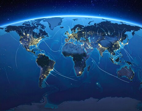 Global digital connections represented by glowing network lines