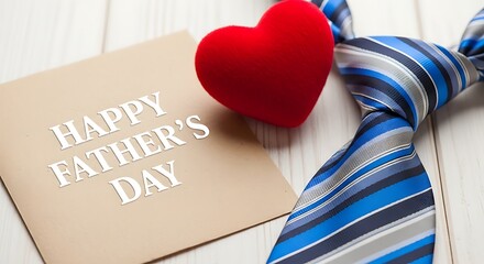 Happy Father's Day card with tie and red heart on wooden surface message greeting