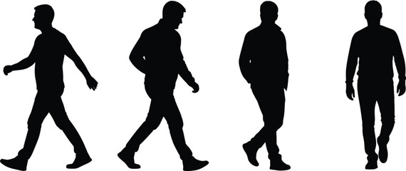 Walking man silhouette vector set, male character poses collection, human movement illustration, casual fashion figure, modern lifestyle design art