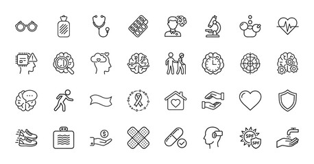 Health and medical icon set. Vector pictograms of stethoscope, brain, pills, heartbeat, elderly care, awareness, and hygiene, thin linear illustration.