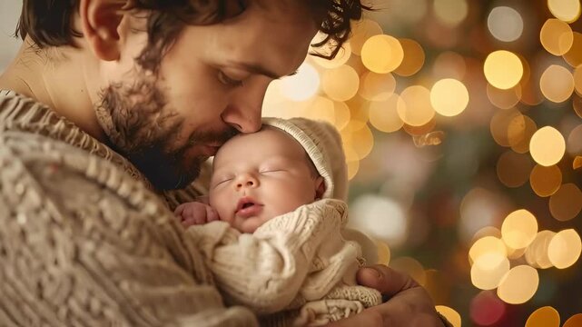 A tender moment as a father gently holds his sleeping newborn baby, resting his head on the baby's forehead, surrounded by warm Christmas bokeh lights. Peaceful holiday parenting.