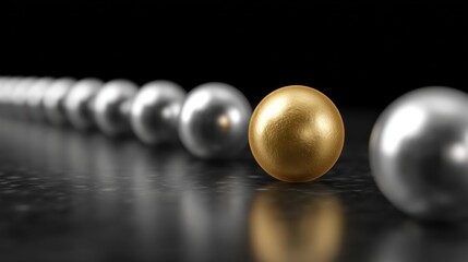 A single golden sphere stands out amongst a row of silver spheres on a dark, reflective surface, symbolizing uniqueness and leadership