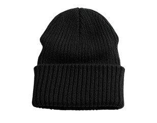 A black, ribbed knit beanie hat, centered, against a black background. Simple, minimalist design