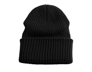 A black, ribbed knit beanie hat, centered, against a black background. Simple, minimalist design