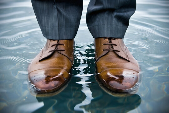 Business man's feet in dress shoes standing in clear water, dealing with challenge