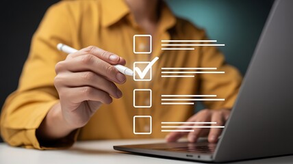 Digital checklist interaction with stylus on laptop by person in yellow shirt representing modern task management and productivity tools