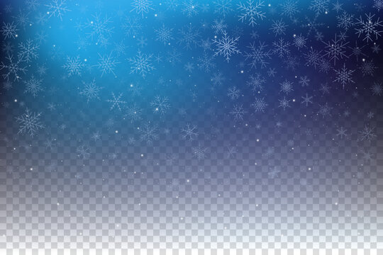 Falling snowflake vector sky background with transparent texture. Winter icy sparkles and crystals. Christmas holiday frozen blue abstract backdrop.