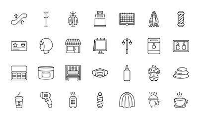 Retail and lifestyle services line icon set. Vector pictograms of escalator, barber pole, beauty shop, face mask, spa stones, and hair dryer, thin linear illustration.