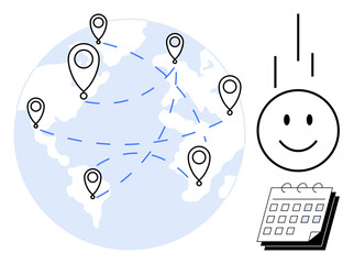 Fototapeta premium Globe with location pins connected by dotted lines, smiling face, and calendar. Ideal for teamwork, international projects, scheduling, networking, global strategy, corporate planning simple flat