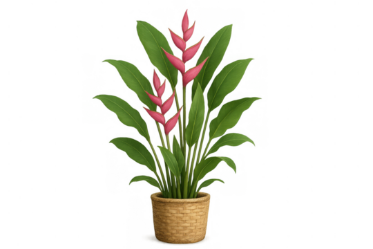 Heliconia plant displaying vibrant pink blooms and lush green leaves in a woven basket, transparent background