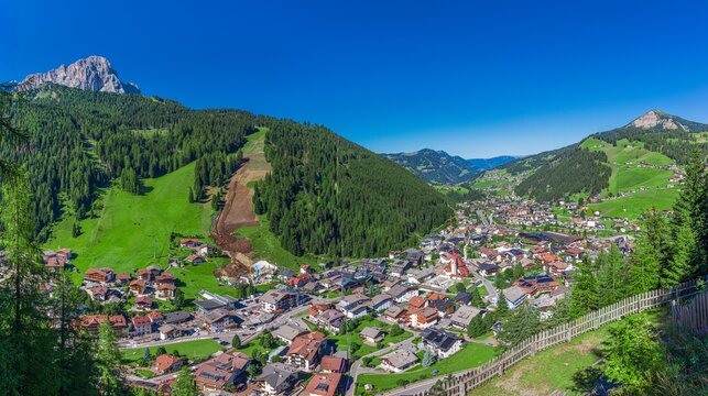 Panoramic view of the village of Selva di Valgardena. South Tyrol, Italy