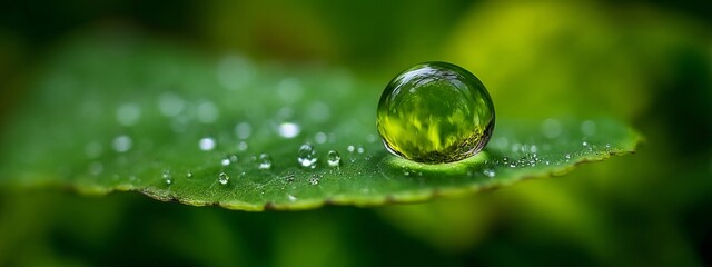Macro Shot of Dewdrop on Green Leaf with Light Reflection Enhancing Nature's Beauty